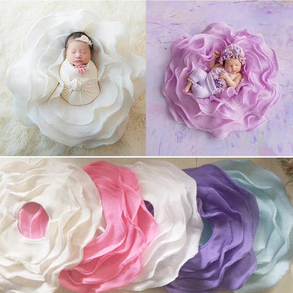Collage of baby in floral prop with different color options.