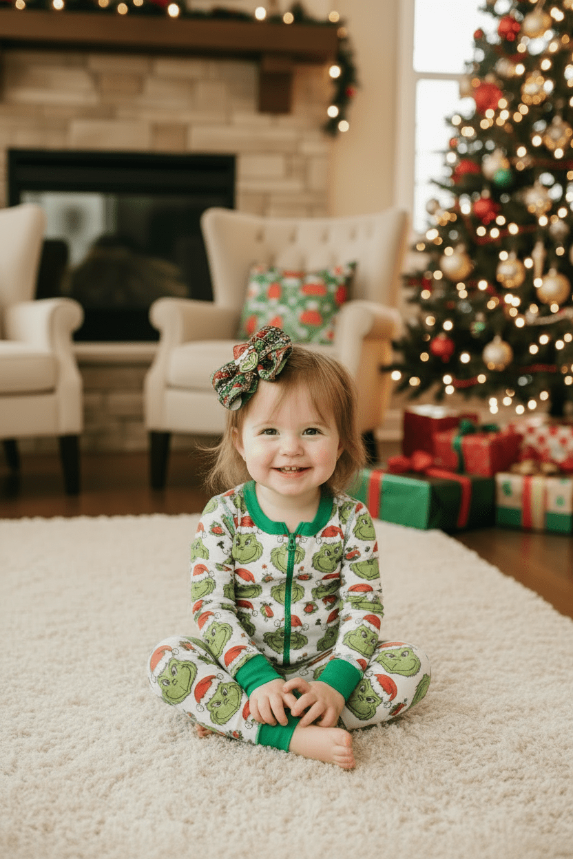 A Christmas-themed hair bow featuring a Grinch face, green Grinch characters, red and black plaid patterns, and green trim, displayed on a light gray textured surface.