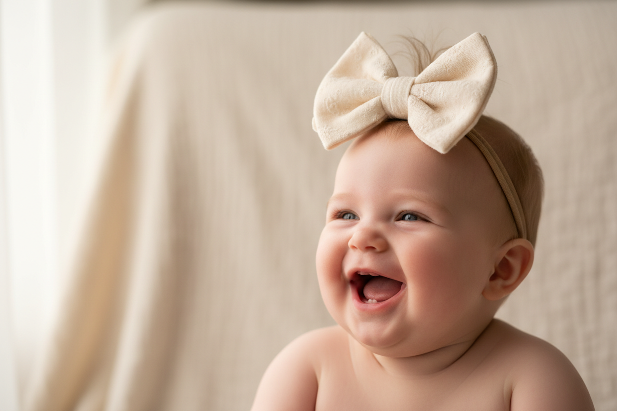 Baby with a large bow headband against a neutral background