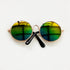 Round sunglasses with green lenses and gold frames on a white background