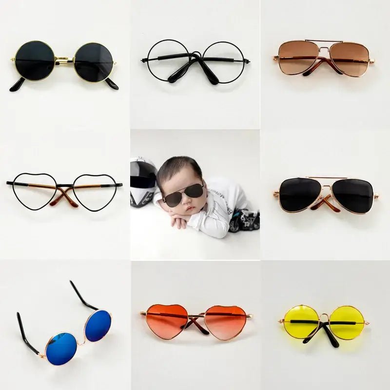 Collage of various pairs of sunglasses on a white background with a baby in the center.