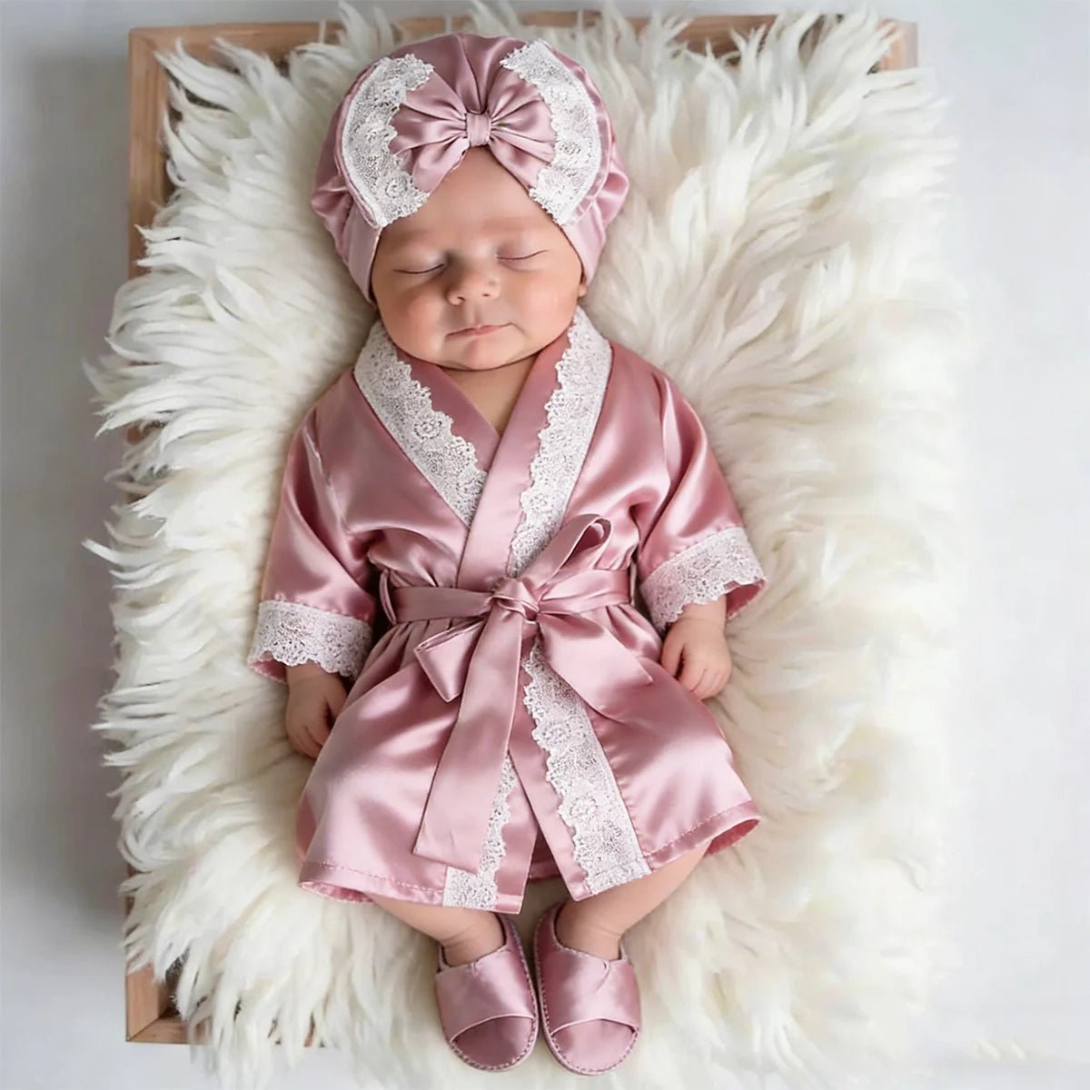 Newborn baby in a pink satin robe and matching headband on a fluffy white surface.