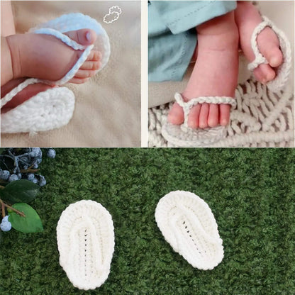 Collage of baby feet in white crochet sandals on a textured surface.