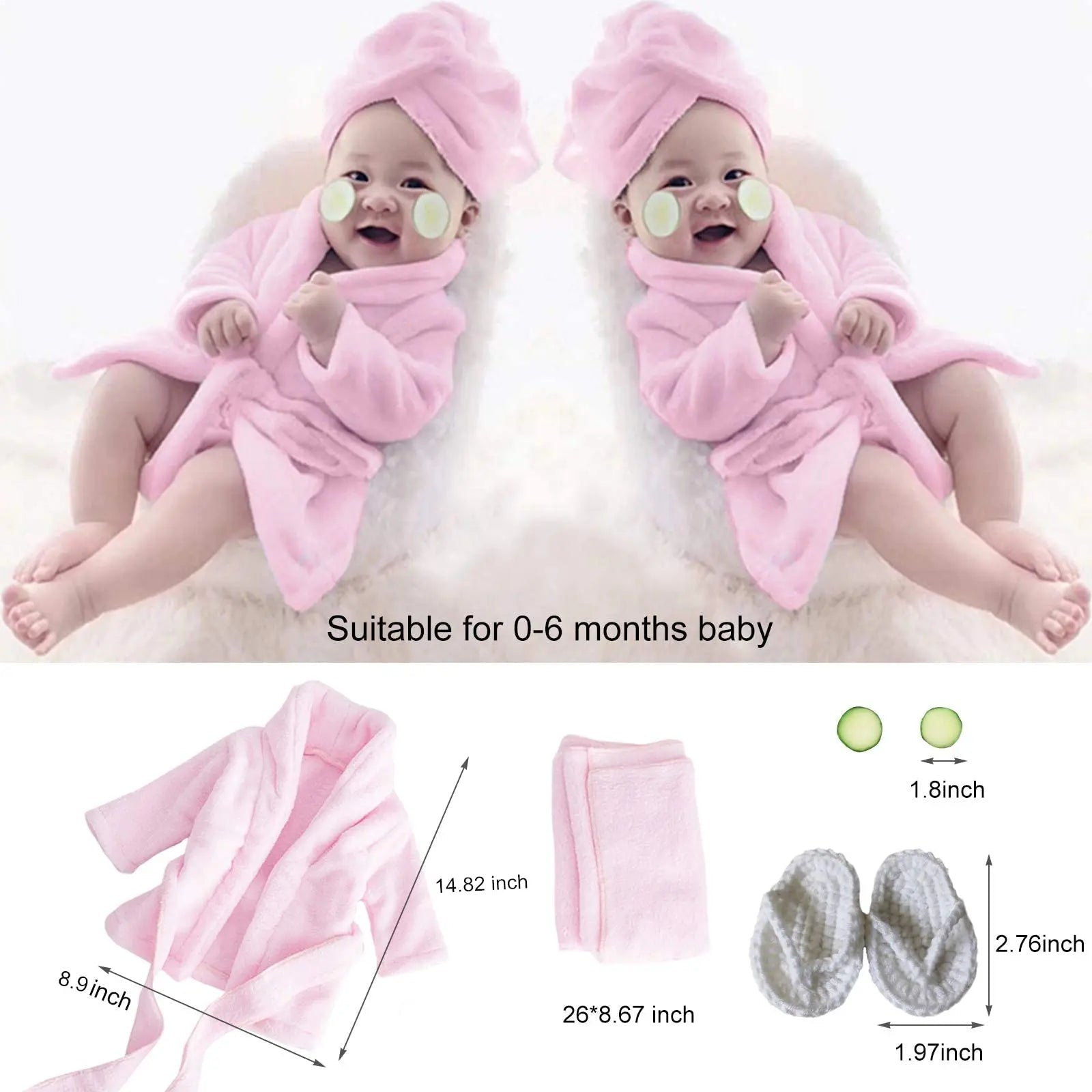 Baby in pink outfit with towel and booties, suitable for 0-6 months, with measurements shown.