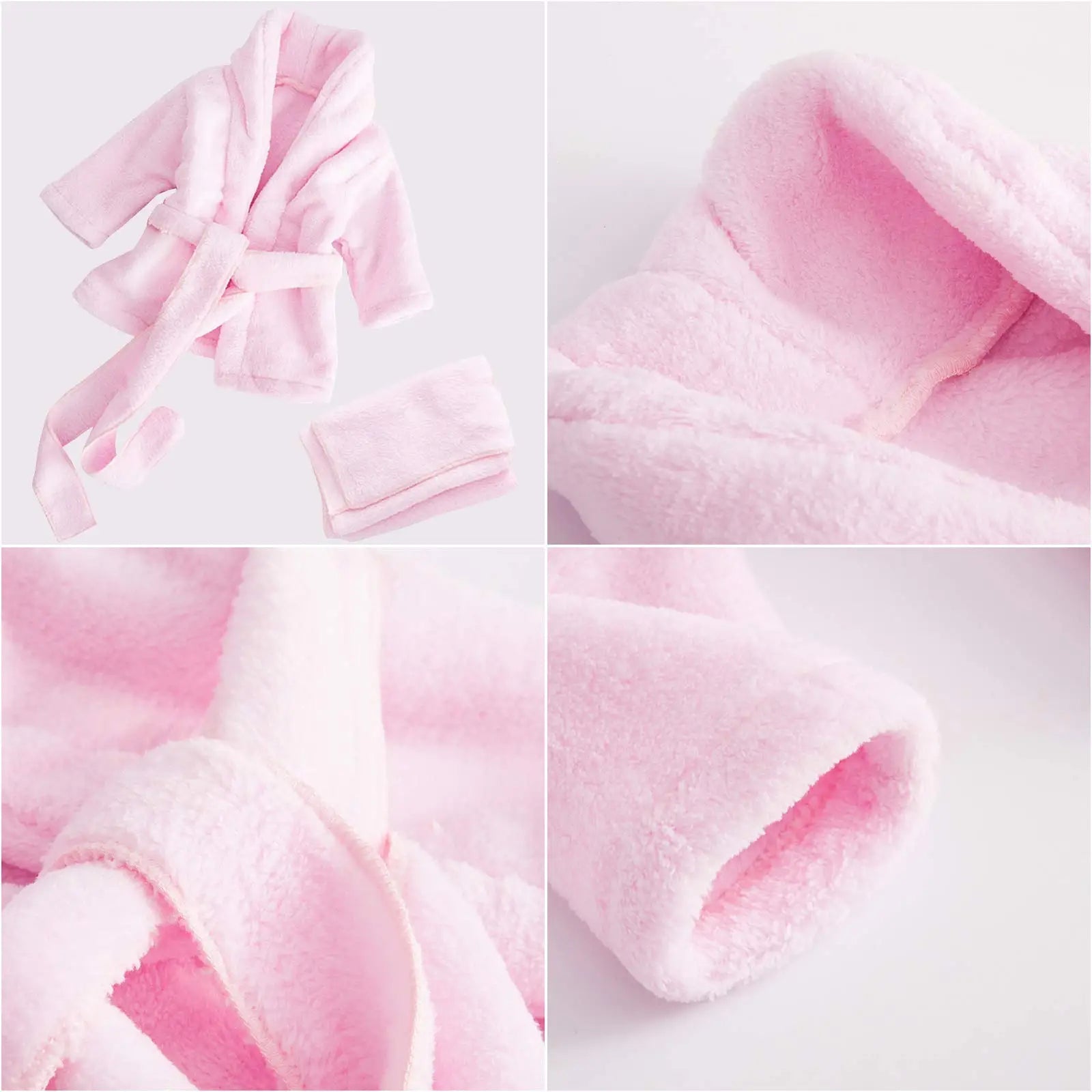 Collage of pink fleece fabric with close-up shots on a white background