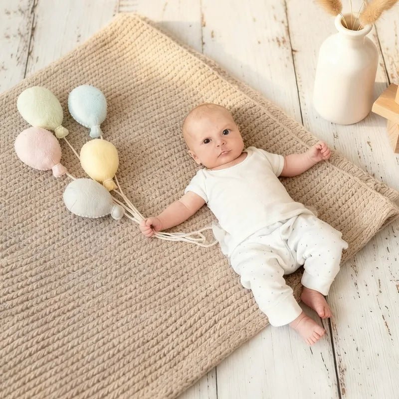 Baby lying on a textured blanket holding colorful balloon toys in a cozy room.