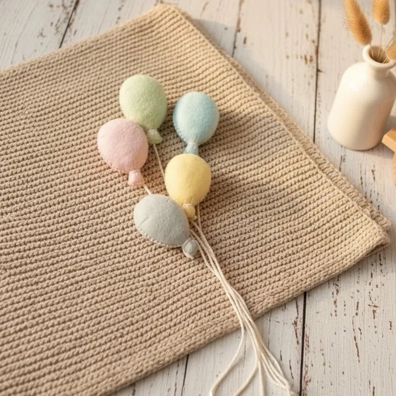 Pastel-colored balloon-shaped decorative item on a textured surface with a vase in the background.