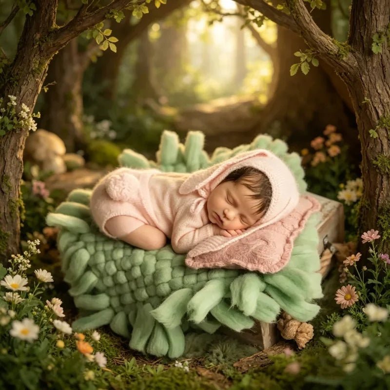 A sleeping newborn baby wrapped in a pale pink hooded onesie, resting on a chunky mint green textured blanket inside a forest-themed photography backdrop with trees and small flowers.