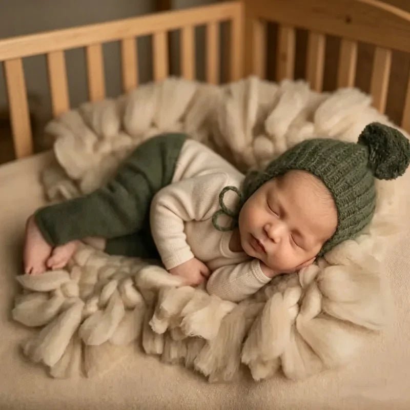 A sleeping newborn baby wearing an olive green knit hat with a pom-pom and matching green pants, lying on a fluffy cream blanket inside a wooden crib.