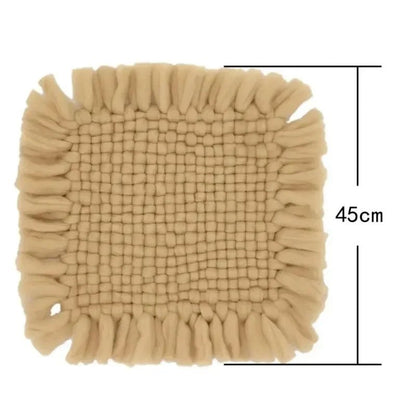 Beige bath mat with a textured grid pattern and fringed edges, shown with a 45cm height dimension marker on a white background.