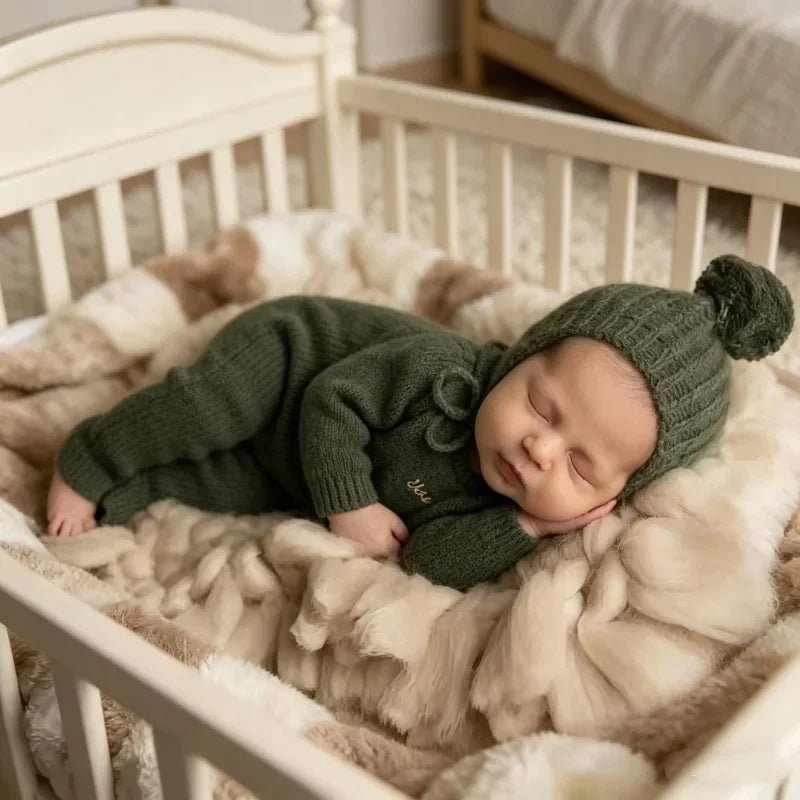 A sleeping newborn baby wearing a dark green knit onesie and matching pom-pom hat, resting on a fluffy cream and brown blanket inside a white wooden crib.