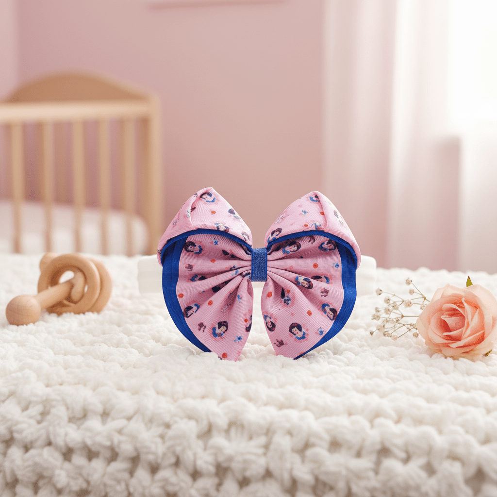 A baby bow headband with a pink patterned fabric and blue trim, displayed on a white textured blanket with baby props including a wooden teething ring, a peach rose, and a crib in the soft-focus background.