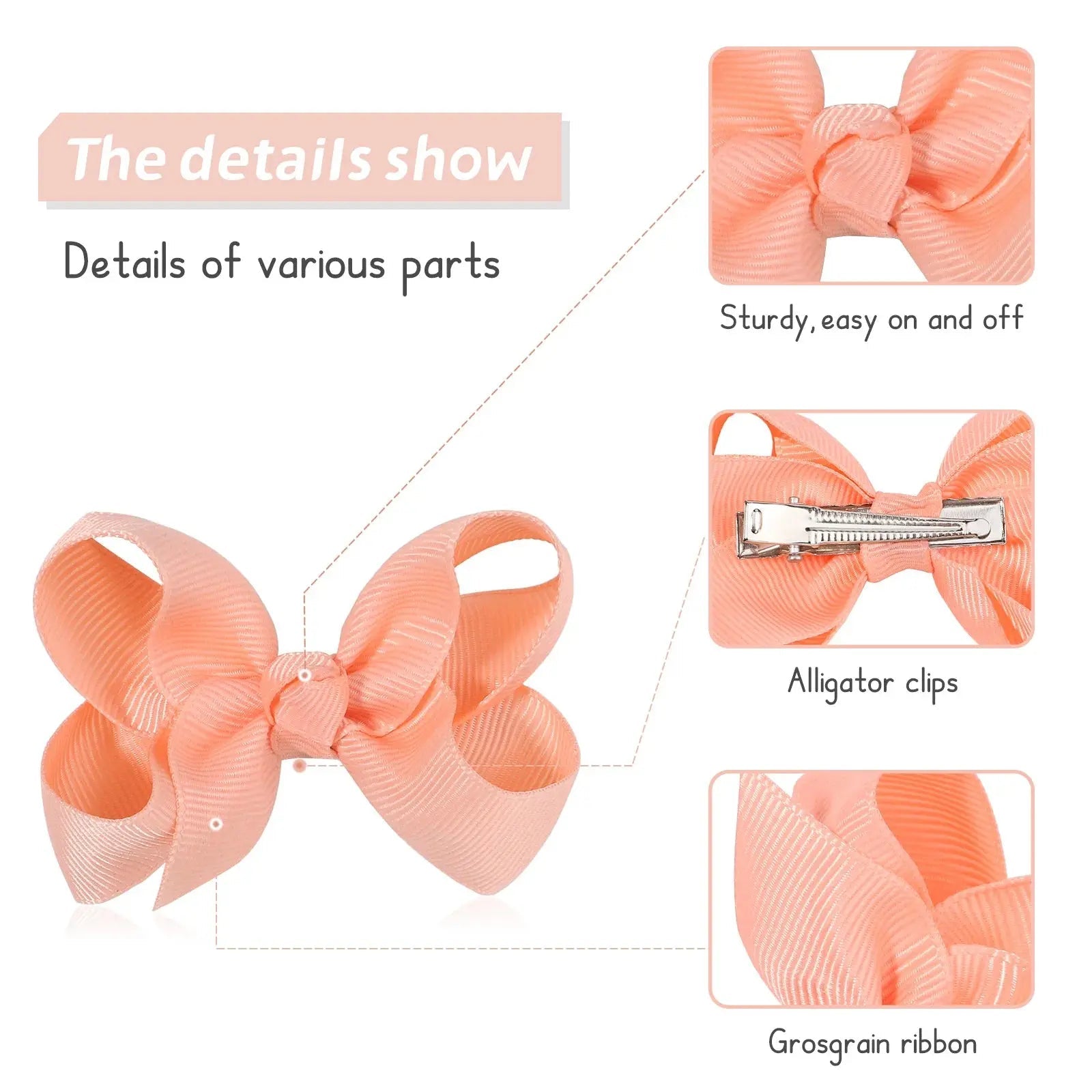 Peach-colored hair bow with alligator clip and grosgrain ribbon details on a white background.