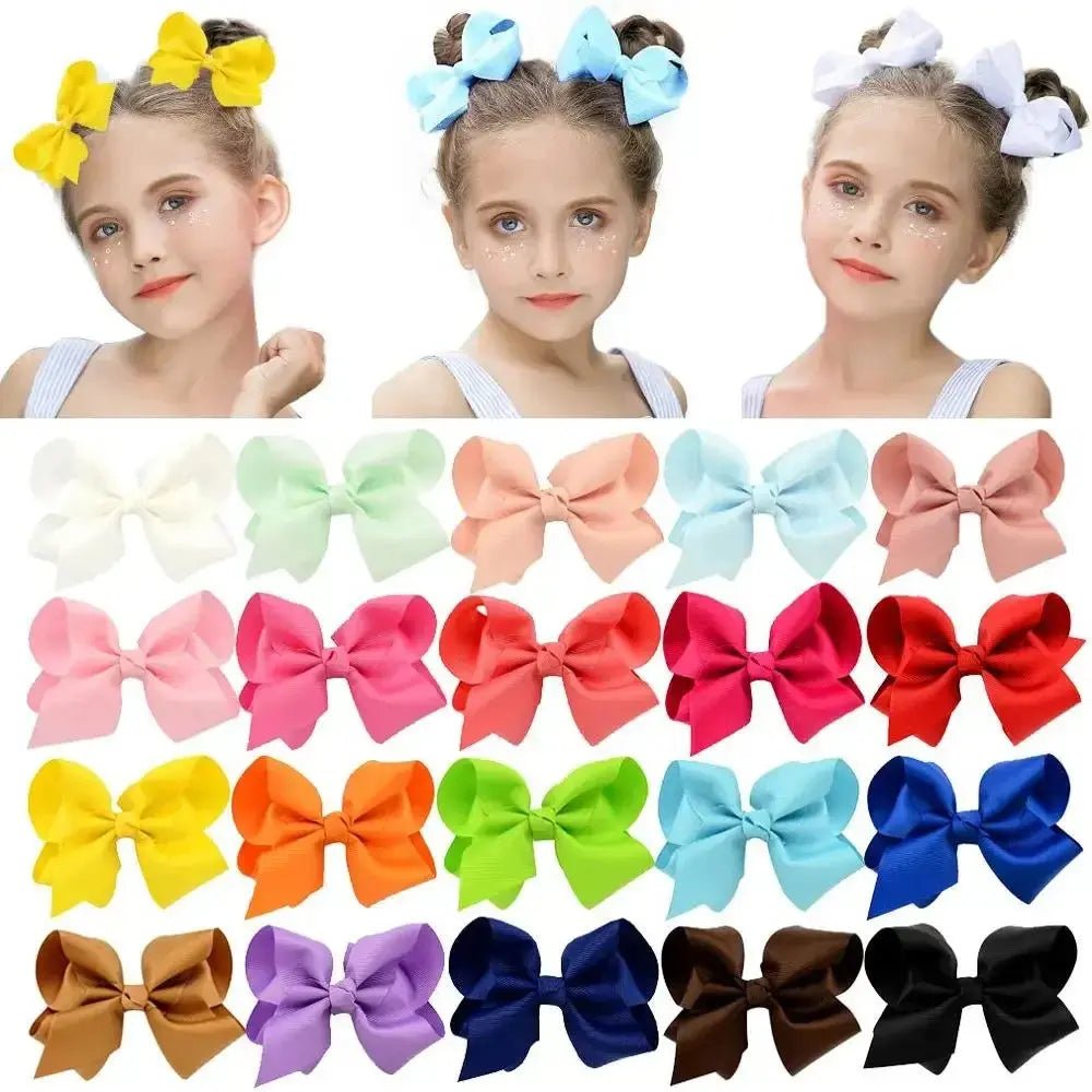 Three children with colorful hair bows and a display of various colored bows.
