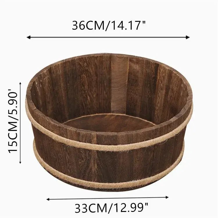Wooden bowl with dimensions labeled on a white background
