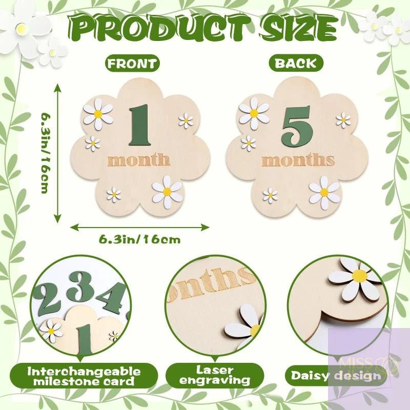 Product size and design diagram for wooden milestone cards, showing front and back views with measurements, interchangeable numbers, laser engraving, and a daisy design on a decorative green border background.