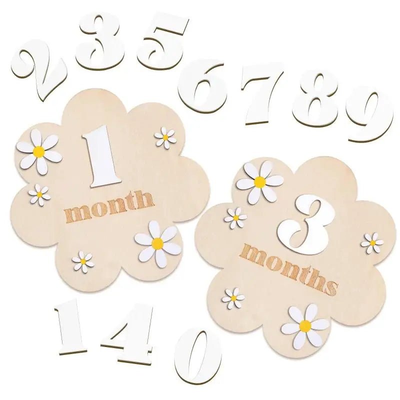 Baby milestone cards with numbers and flowers on a white background