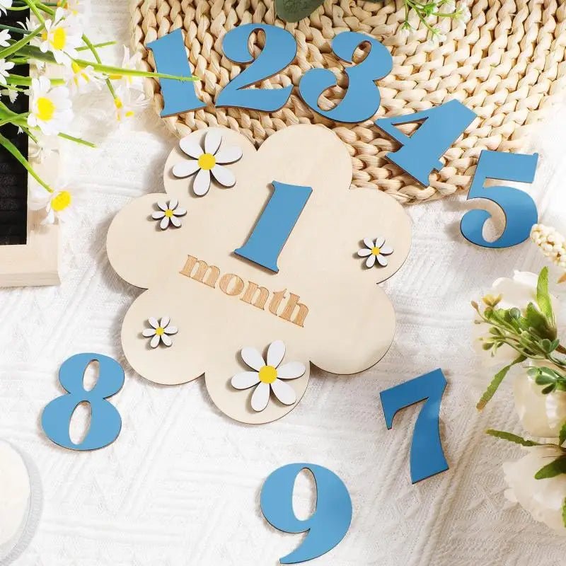 Baby milestone card with numbers 1 to 9 on a textured surface with flowers.
