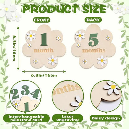 Product size chart for baby milestone cards with floral design and measurements.
